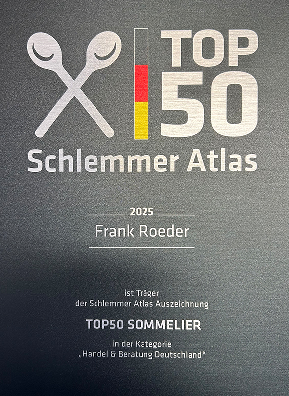Zum dritten Mal in Folge: Frank Roeder wird vom Schlemmer-Atlas zum TOP50 Sommelier in der Kategorie Beratung/Handel ausgezeichnet