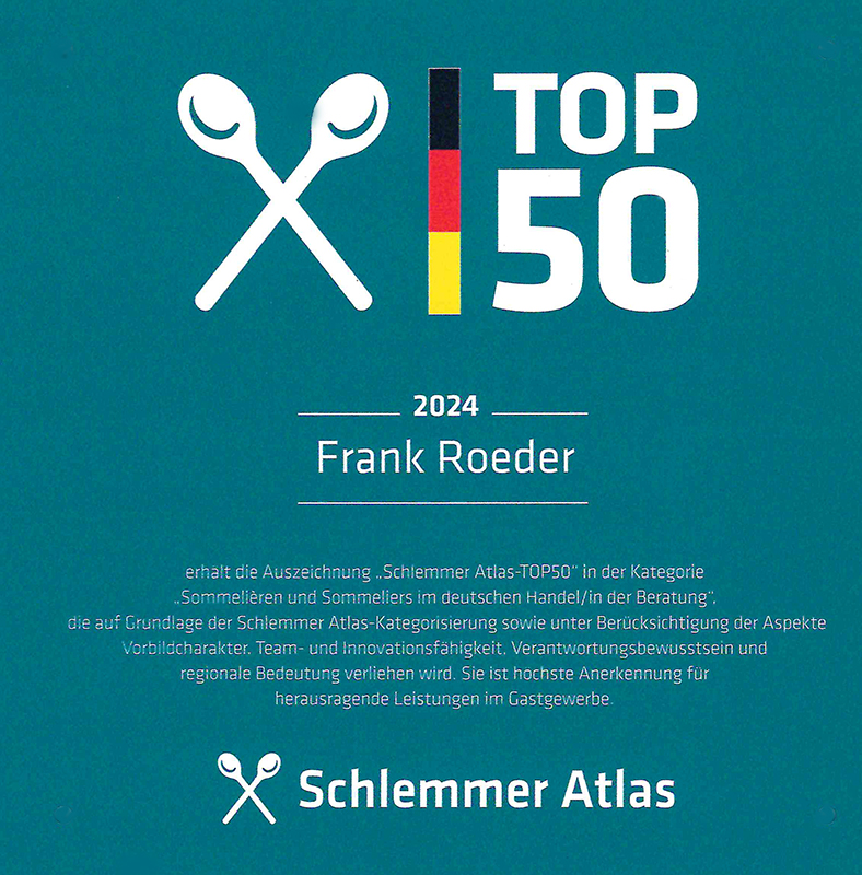 Frank Roeder MW wird auch 2024 vom Schlemmer-Atlas ausgezeichnet: TOP50 Sommeliers in der Kategorie Handel/Beratung
