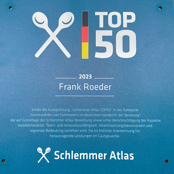 Frank Roeder vom Schlemmer Atlas ausgezeichnet: Top 50 Sommeliers im deutschen Handel / in der Beratung